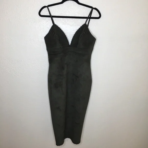 black suede bodycon dress THE MYSTYLEMODE BLACK SUEDE SPAGHETTI DOUBLE LINED ZIPPER BACK MIDI DR main image 0